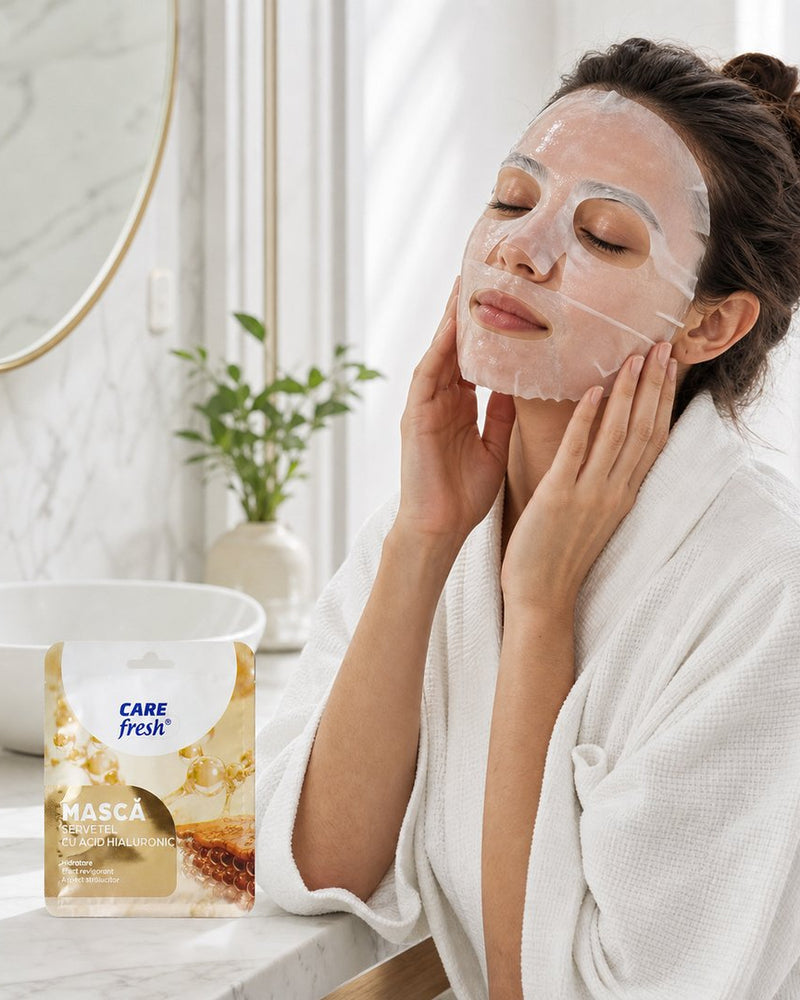 Femeie cu masca servețel cu Acid Hialuronic aplicată pe față