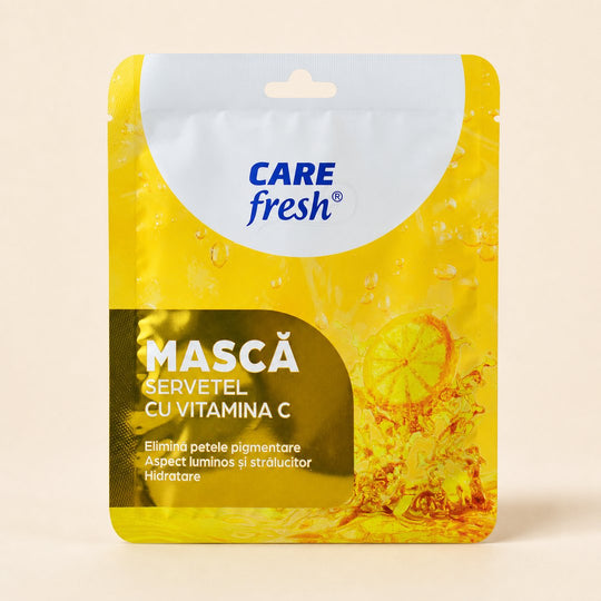 Plicul măștii servețel cu Vitamina C CARE FRESH, ambalaj galben, vedere din față