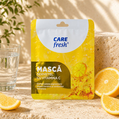 Masca cu Vitamina C alături de felii de lămâie și un pahar cu apă