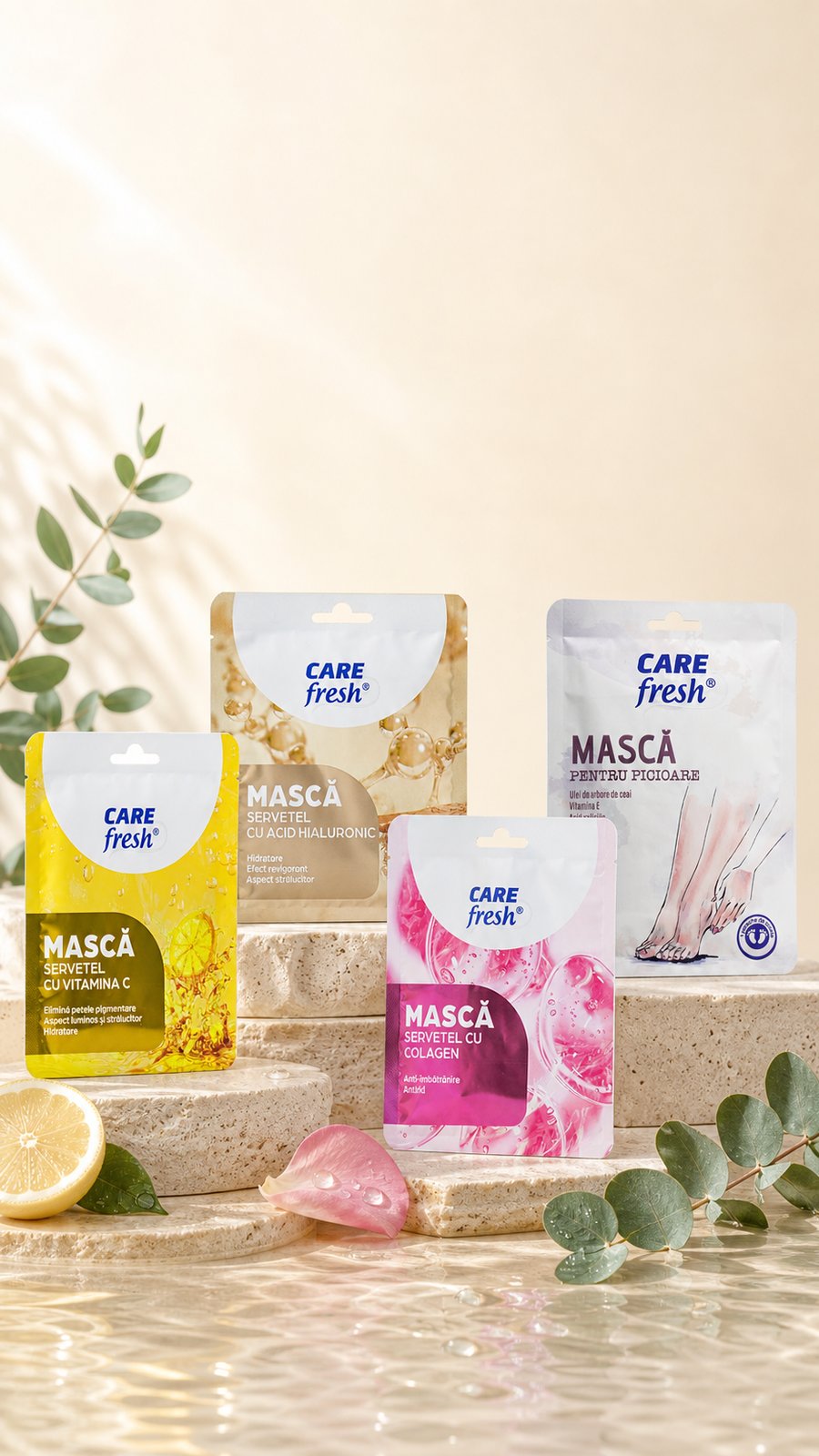 Cele patru măști CARE FRESH — vitamina C, acid hialuronic, colagen și masca pentru picioare — așezate pe trepte de piatră, lângă o jumătate de lămâie și frunze de eucalipt
