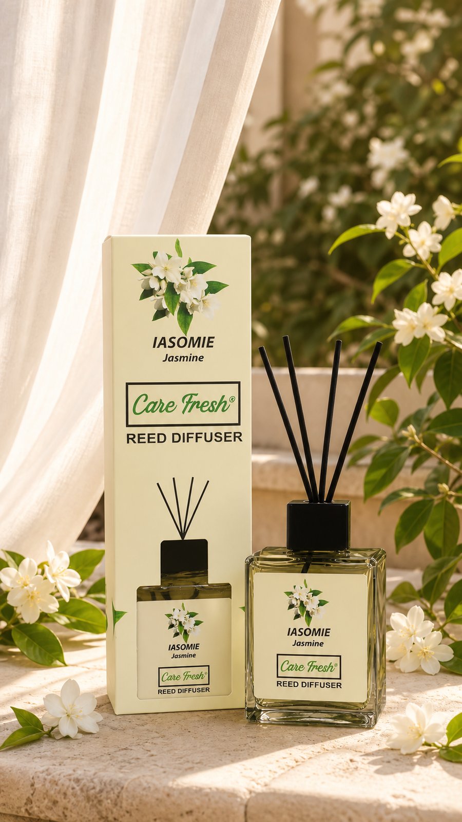 Parfum de cameră cu bețișoare IASOMIE, 85 ml — flaconul de sticlă cu bețișoare de bambus, alături de cutie, într-un interior luminos