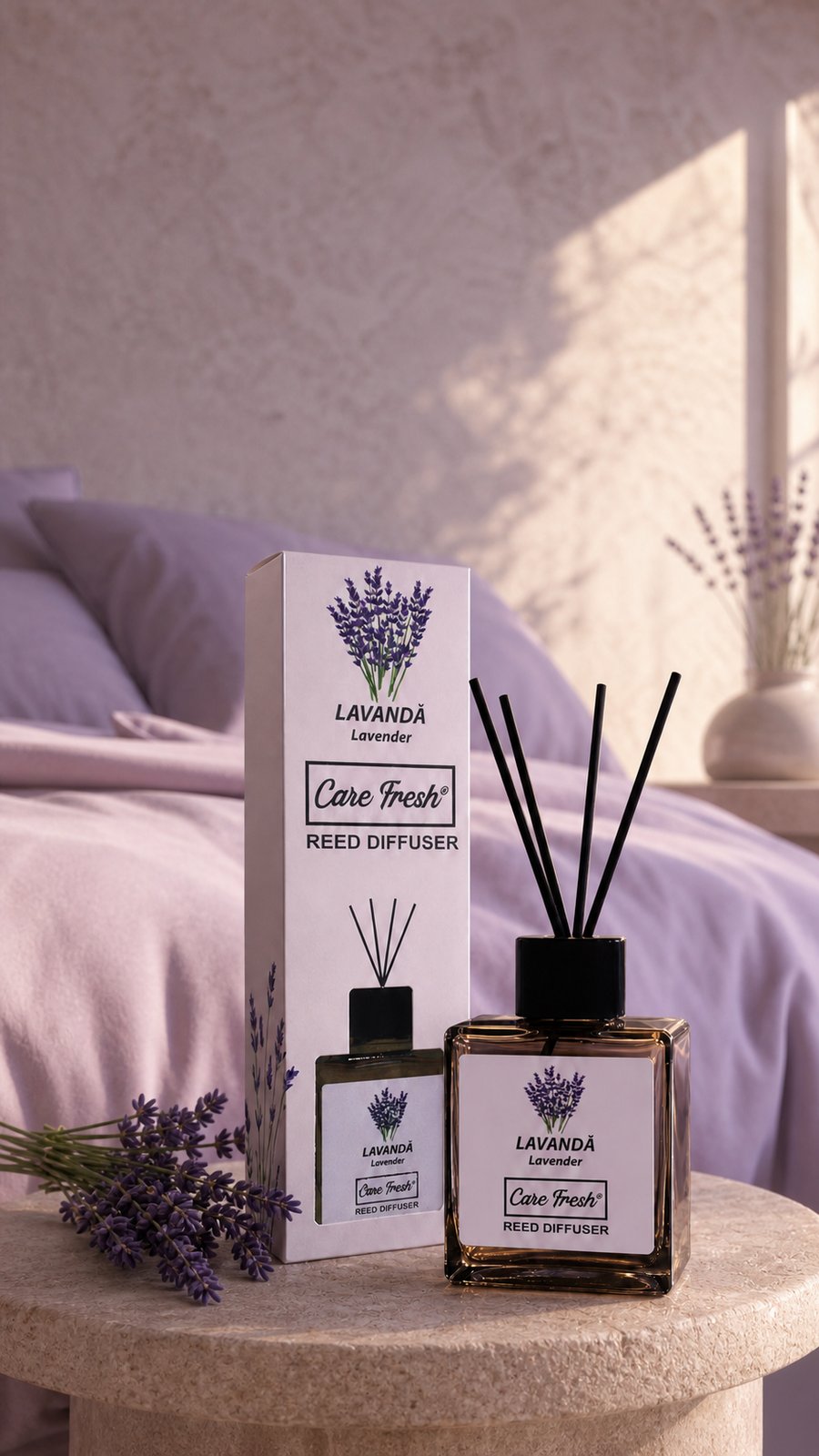 Parfum de cameră cu bețișoare LAVANDĂ, 85 ml — flaconul de sticlă cu bețișoare de bambus, alături de cutie, într-un interior luminos