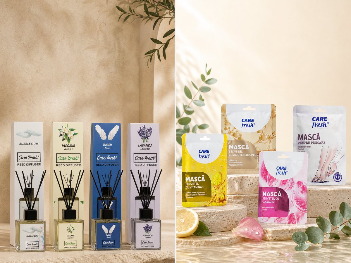 Toate cele opt produse CARE FRESH: cele patru parfumuri de cameră cu flacoane și bețișoare de bambus, alături de cele patru măști servețel