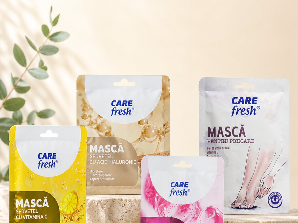 Cele patru măști CARE FRESH — vitamina C, acid hialuronic, colagen și masca pentru picioare — în plicurile lor sigilate, lângă o ramură de eucalipt