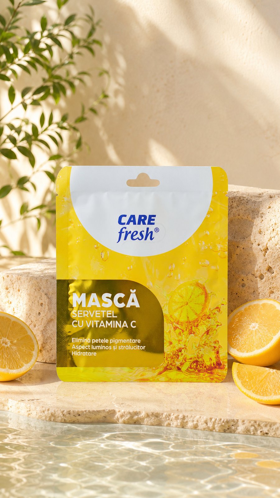Fotografie de atmosferă cu Mască servețel cu Vitamina C, în decorul în care se folosește