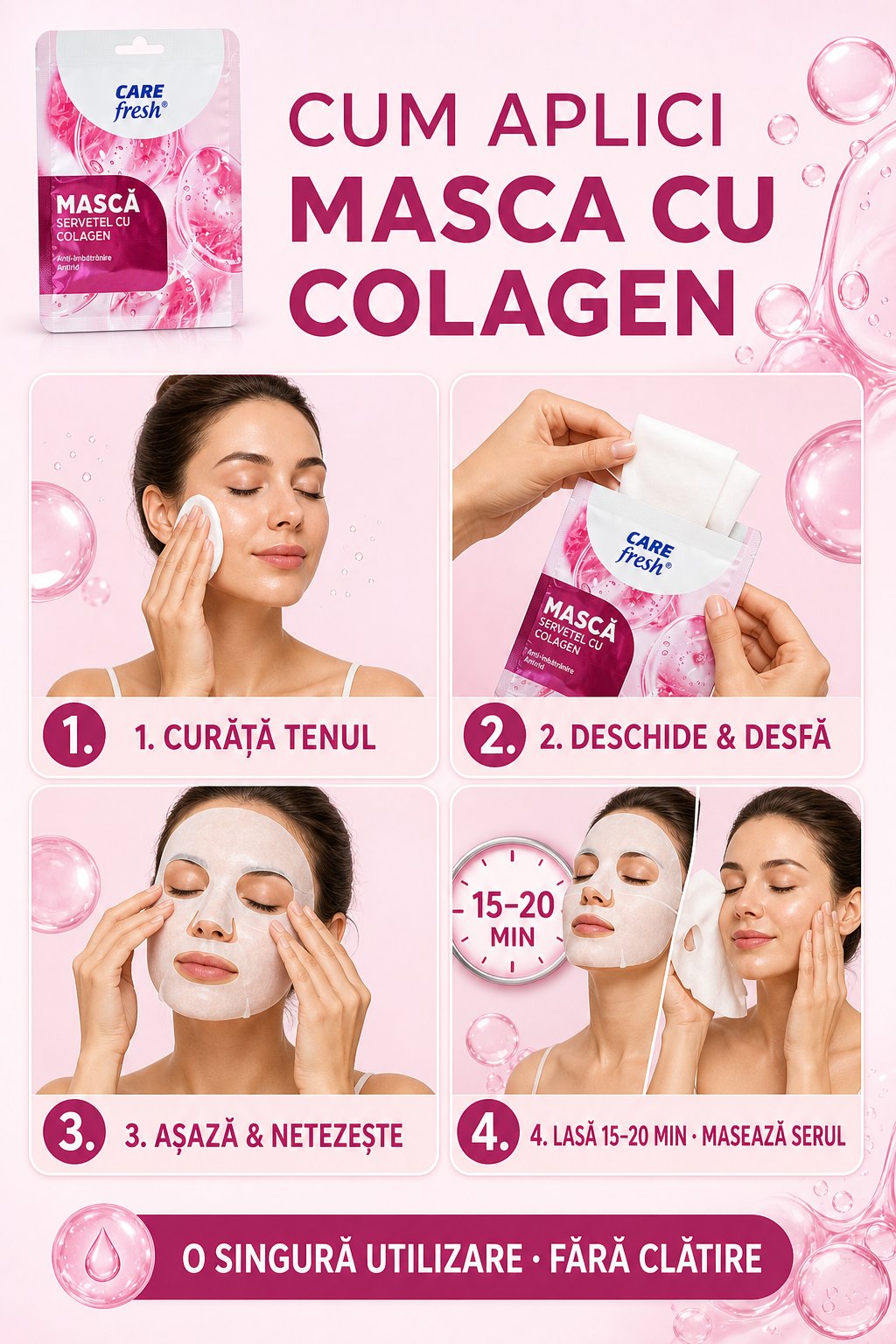 Ghid ilustrat în patru pași pentru aplicarea Collagen Sheet Mask