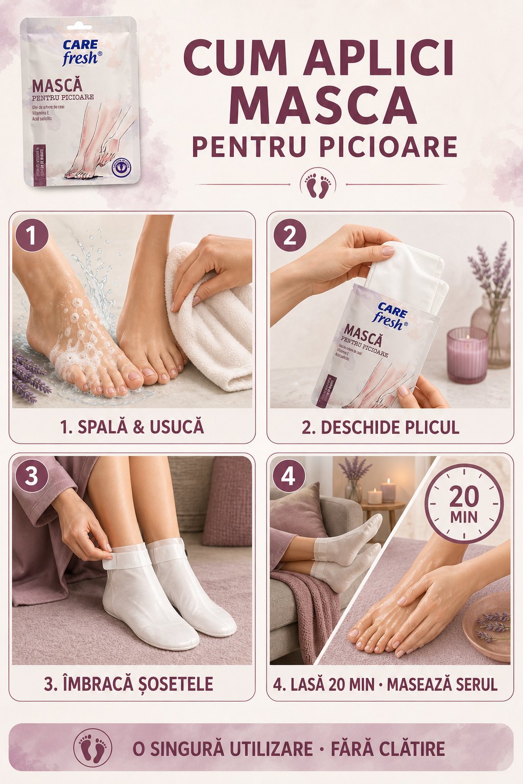 Ghid ilustrat în patru pași pentru aplicarea Mască pentru picioare, îngrijire intensivă