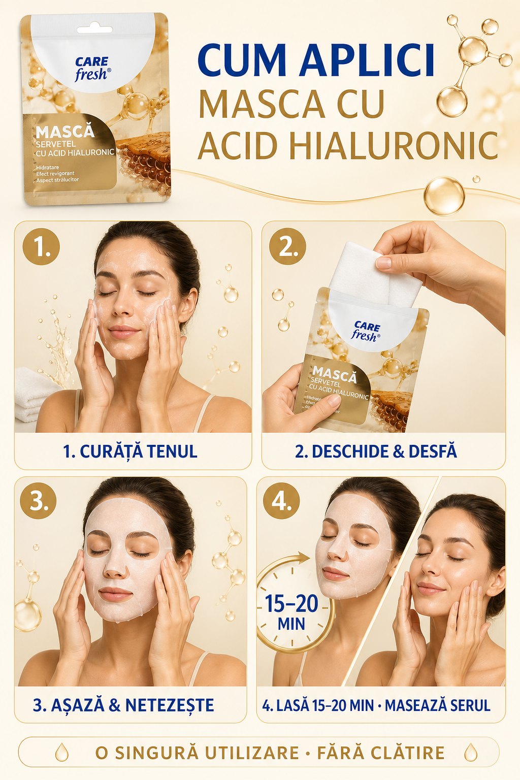 Ghid ilustrat în patru pași pentru aplicarea Mască servețel cu Acid Hialuronic