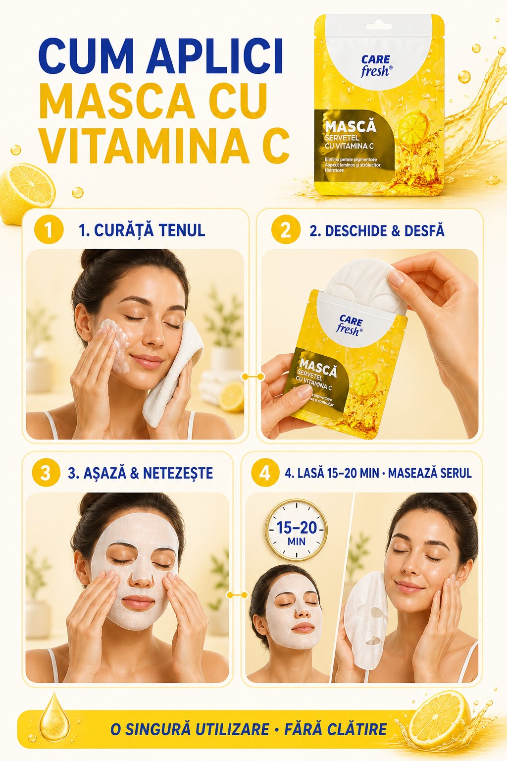 Ghid ilustrat în patru pași pentru aplicarea Mască servețel cu Vitamina C